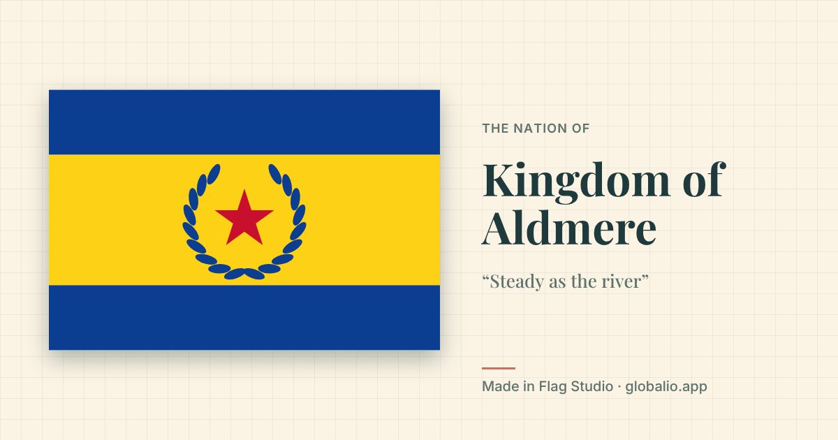 Nation card for the Kingdom of Aldmere: blue and gold stripes with a laurel wreath and a red star