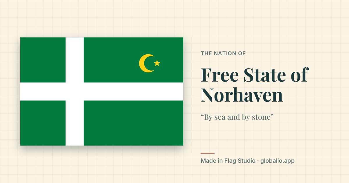 Nation card for the Free State of Norhaven: a green flag with a white Nordic cross and a gold crescent and star