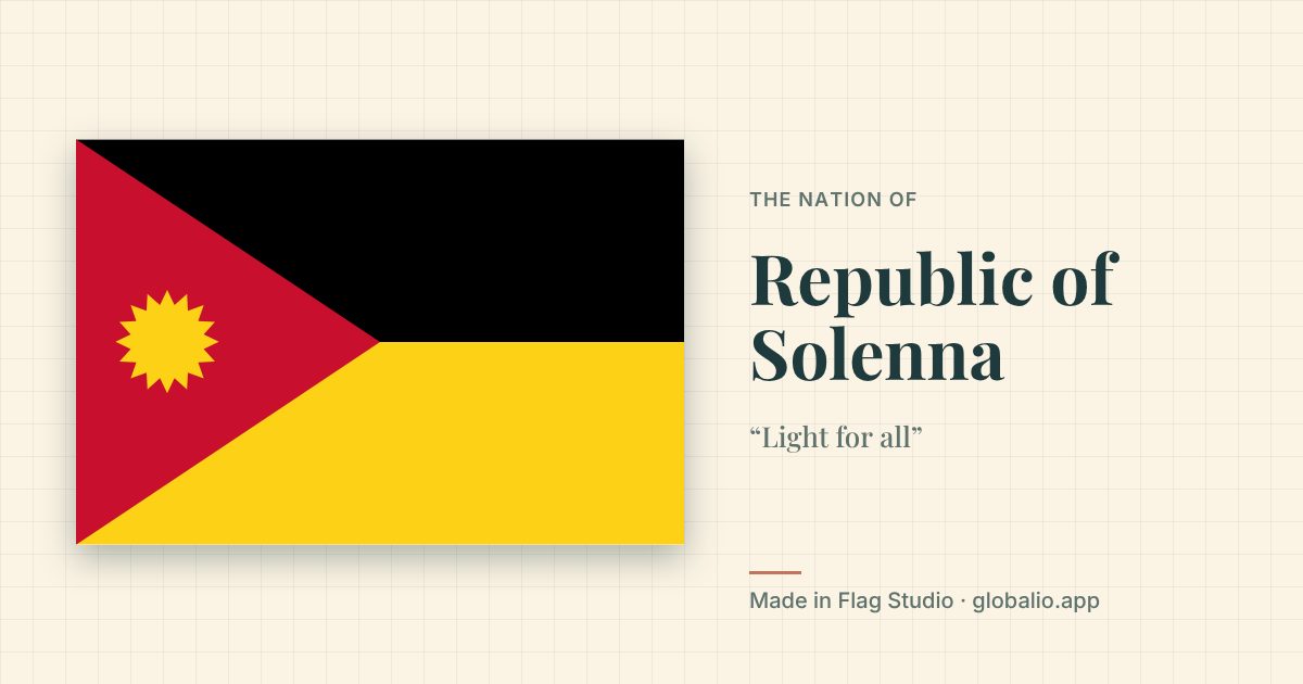 Nation card for the Republic of Solenna: black and gold with a red hoist triangle and a gold sun