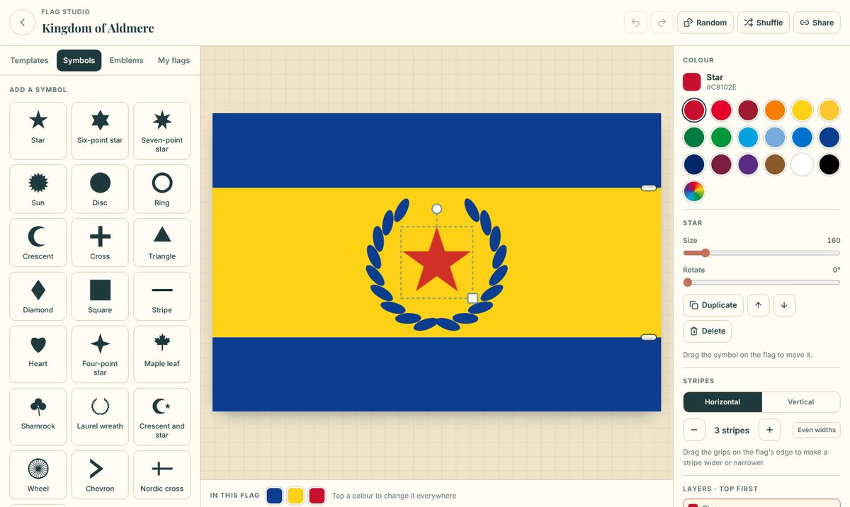Flag Studio with a blue and gold striped flag, a laurel wreath and a red star
